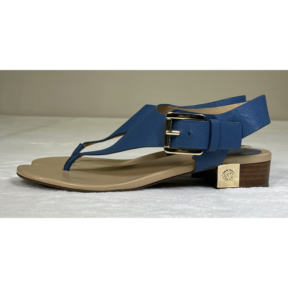 2pr Michael Kors London Thong Sandals TStrap Low Heel Leather Sz. 8 Blue & Coral - Picture 13 of 16